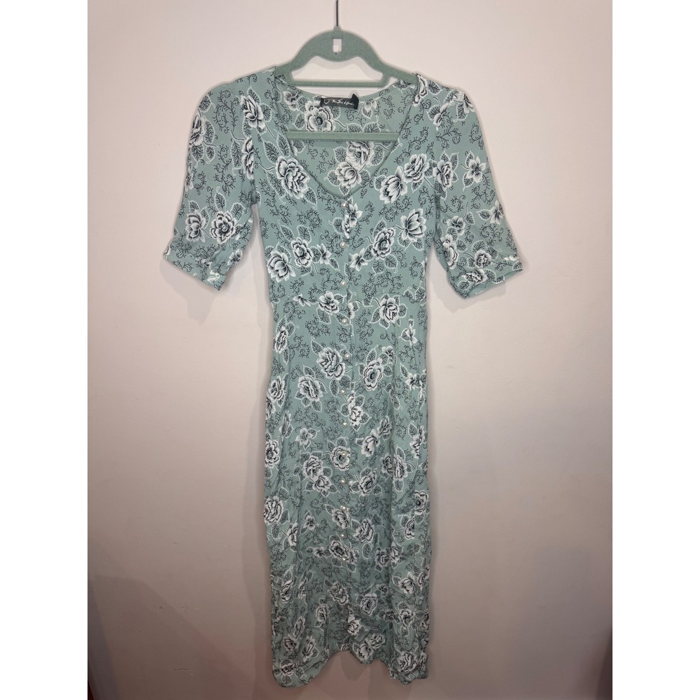 For Love & Lemons sage green black floral button-down maxi dress Sz S